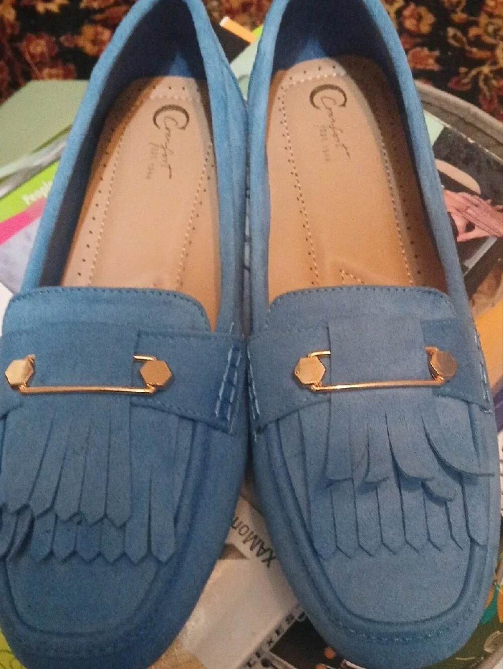 Women's Blue Suede Fringe Loafers with Gold Accent